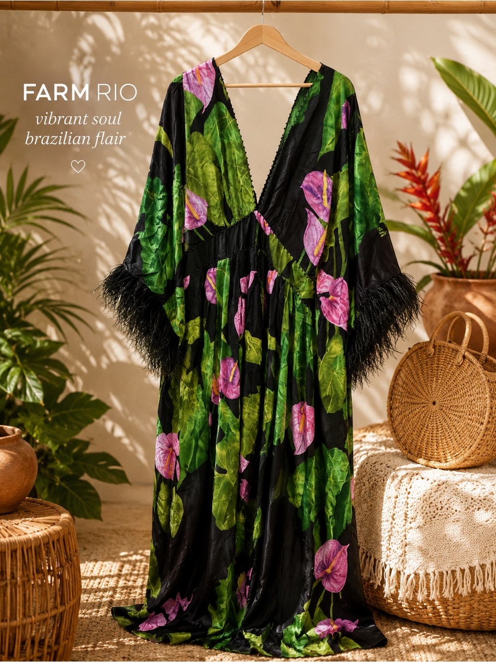 FARM Rio Black Maxi Dress with Green Leaf and Lavender Floral Motif - Picture 2 of 3